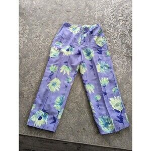 David Brooks Linen Blend Pants Women 12 Purple Green Watercolor Floral Resort